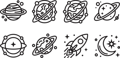 Space-themed sketch icons set with planets and rocket © tarik