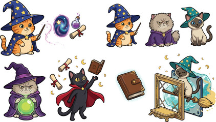 Naklejka premium Cute wizard cats collection with magical fantasy characters spells potions and enchanted cartoon vector illustration