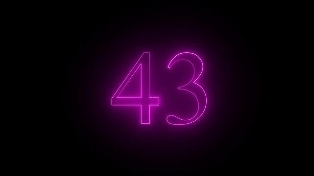 Glowing  pink color Neon Text 43Number, Abstract  Sign with Bright Illuminated Numbers 43 ,on a Black Background  4k video