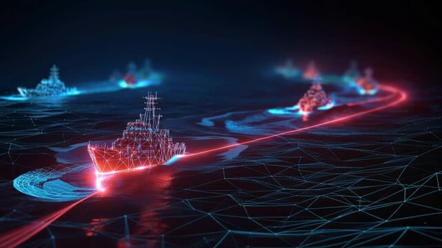 A fleet of advanced warships navigates a digital sea, their paths illuminated by glowing red and blue lines. ..Created with Generative AI, not depicting real subjects.