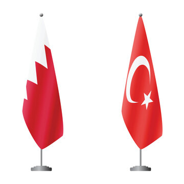 Bahrain and Turkey flags on flagpoles for official ceremonies and meetings, transparent background vector