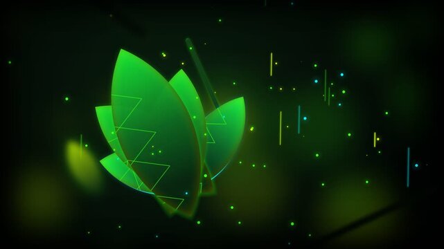 Abstract Green Leaf Logo Reveal Animation with Digital Particles and Glowing Lines on Dark Background.