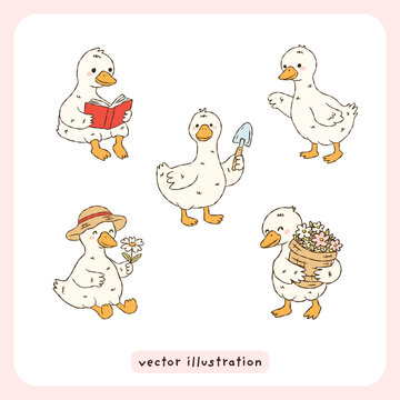 Cute cottagecore goose gardening vector illustration set, hand drawn cottage garden duck clip art, Kawaii goose characters with flowers and shovel design elements, cute farm animals doodle set