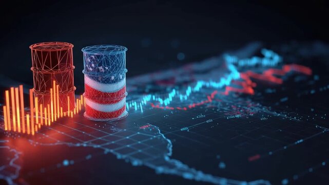 Futuristic barrels, one adorned with the American flag, stand on a digital map of the USA. ..Created with Generative AI, not depicting real subjects.
