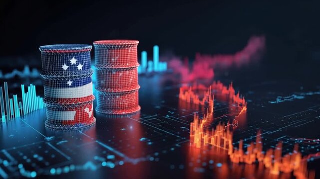 Oil barrels decorated with national flags stand on a digital circuit board with glowing charts and graphs reflecting the volatile oil market. ..Created with Generative AI, not depicting real subjects.