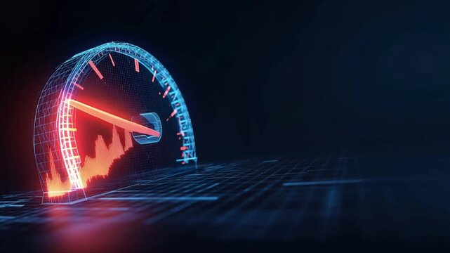A futuristic speedometer glows with red intensity, indicating high speed and performance on a digital circuit board. ..Created with Generative AI, not depicting real subjects.