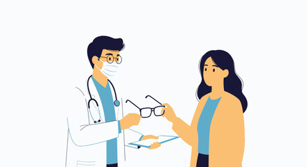 Obraz premium Doctor hands glasses to patient in modern flat illustration style, healthcare and vision concept