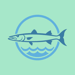 Fototapeta premium Minimalist blue fish icon over ocean waves in a circle