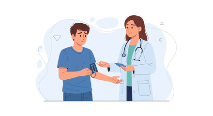 Fototapeta premium Doctor Measures Patient's Blood Pressure in Modern Medical Clinic - Vector Illustration