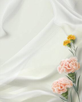 Fresh pink and yellow carnation flowers with green stems.