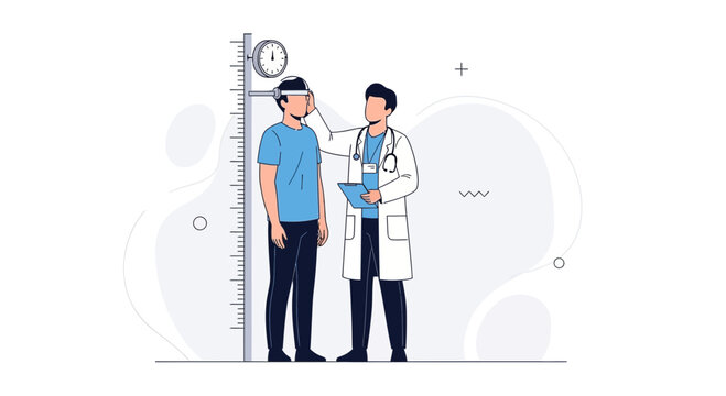 Doctor measures height of young man with stadiometer on medical checkup, modern flat illustration