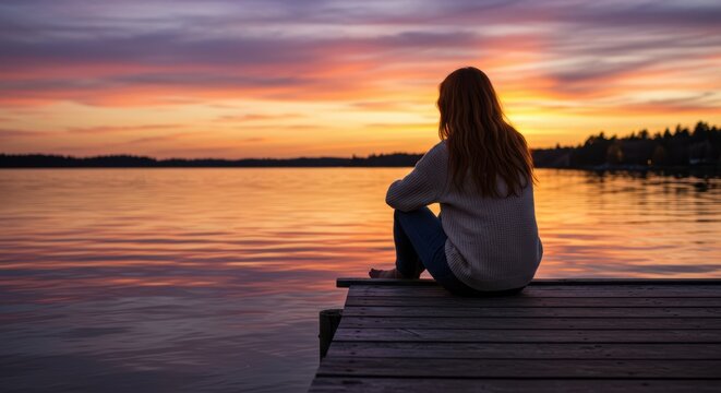Someone sitting on a pier, reflecting on the calm water at dusk.