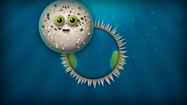 Cute Cartoon Pufferfish Blowing Bubble Rings Underwater in a Whimsical Ocean Scene.