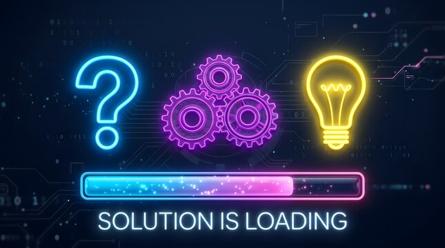 Glowing neon progress bar loading solution with creative lightbulb idea.