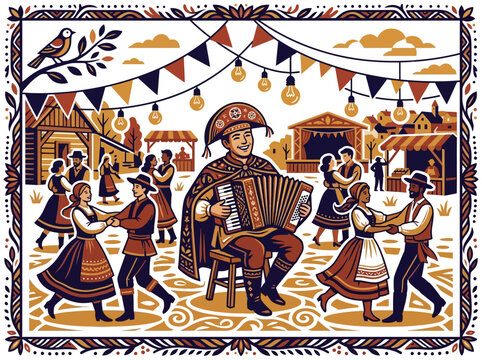 Brazilian Festa Junina celebration with accordion player and dancing couples in woodcut cordel style.