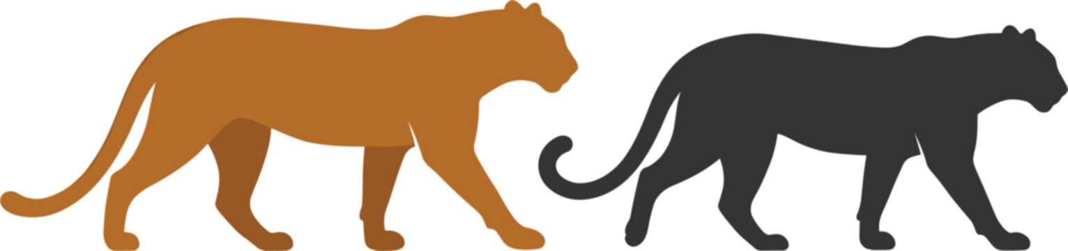 Two walking big cat silhouettes brown and black vector illustrationTwo walking big cat silhouettes brown and black vector illustration