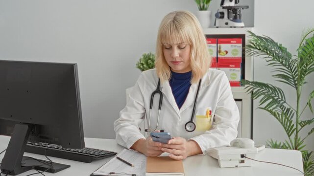 Woman doctor wearing white coat with stethoscope holds smartphone and types with hands at desk beside computer and telephone in clinic building; professionalism care focus.