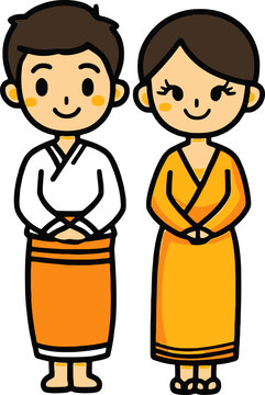 Burmese Longyi Traditional Couple Illustration