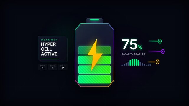 Vibrant digital interface illustrating battery power level charging, green progress bars, lightning bolt icon, percentage status, power supply display.
