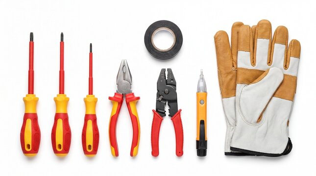 Set of industrial electrician hand tools featuring insulated screwdrivers, pliers, wire stripper, voltage tester pen, electrical tape, and leather gloves arranged neatly in a row, top view