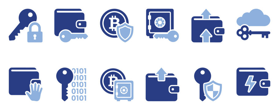 Set of essential digital security and cryptocurrency wallet icons illustrating data protection access control and financial technology for various modern applications.