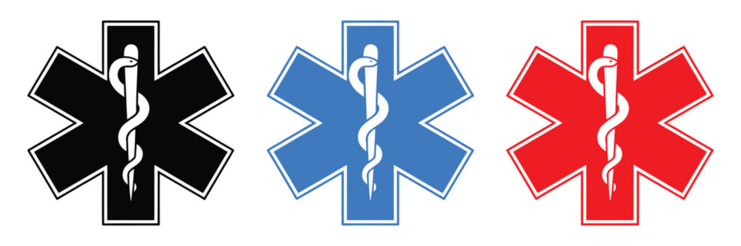 Medical star icons, healthcare symbols with snake emblems for emergency services, hospitals, clinics and rescue systems.