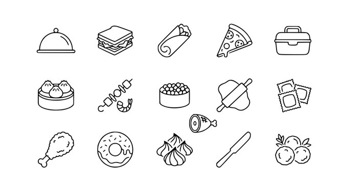 Minimal thin line food icon set collection with dish dome sandwich burrito pizza dim sum shrimp kebab sushi dough and dessert items vector illustration isolated on white background