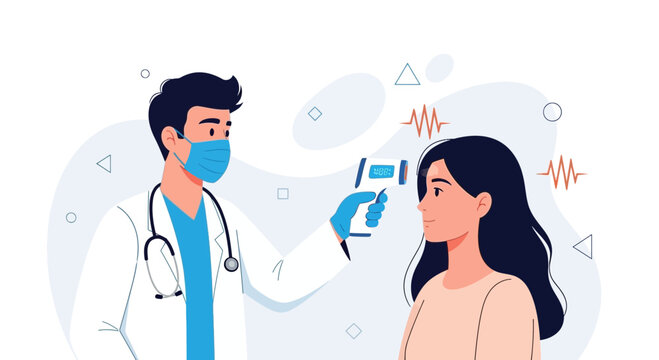 Doctor wearing mask checks patient's temperature with infrared thermometer, representing healthcare, medical screening, and virus prevention.
