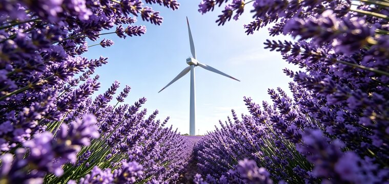 Wind turbine framed by blooming purple lavender flowers under clear blue sunny sky. Ideal for sustainable energy campaign banners, eco-tourism promotional materials.