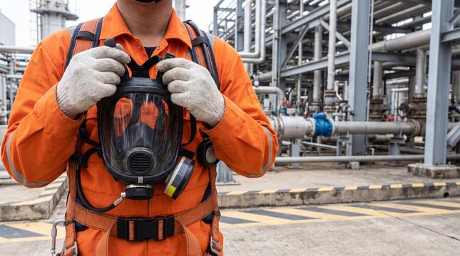 Close-up of an industrial worker in an orange jumpsuit holding a full face respirator mask at a refinery. Professional engineer wearing a safety harness and cloth gloves with chemical plant pipes 