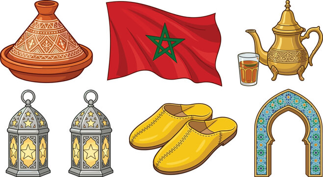 Moroccan culture collection with traditional flag tagine lanterns tea set slippers and decorative arch vector illustration
