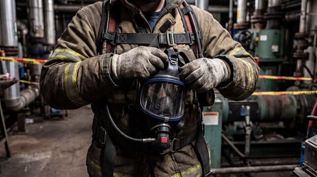Close-up of a firefighter adjusting a full face respirator mask in a dirty industrial facility. Cropped view of a professional rescue worker wearing heavy protective gear, canvas jacket