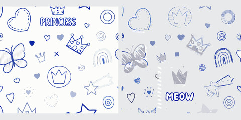 Floral ornament and doodle pattern with crowns hearts and butterflies © Titul