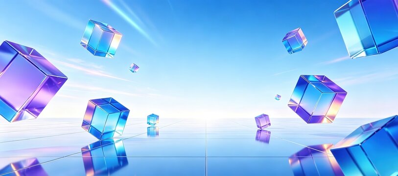 Transparent blue and purple crystal cubes floating dynamically, Ideal for big data conference banners, fintech web headers, digital technology PPT backdrops, IT innovation graphic templates.