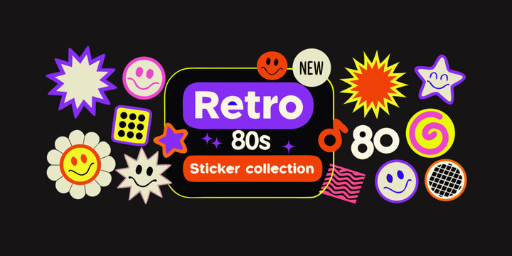 Retro eighties sticker collection vibrant vector illustration on black background