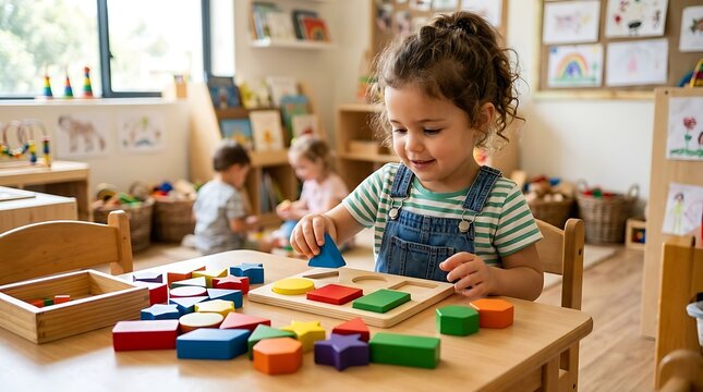 Happy little girl playing with colorful wooden shape sorter puzzle in a preschool classroom