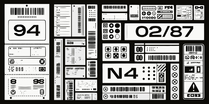 Shipping label elements with barcodes and numbers monochromatic vector illustration