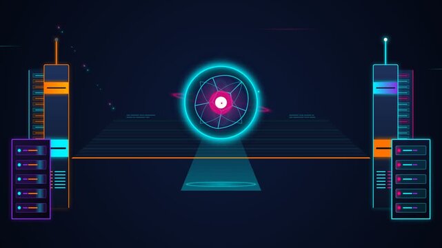 Glowing digital portal enabling secure network data flow connecting twin server towers, driving advanced technology solutions.