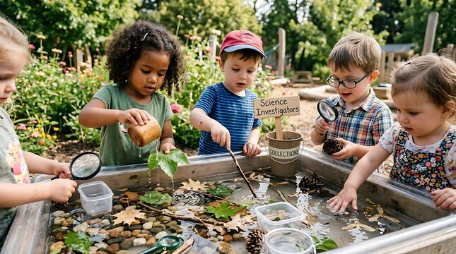 Diverse preschool children exploring nature in a sensory water table