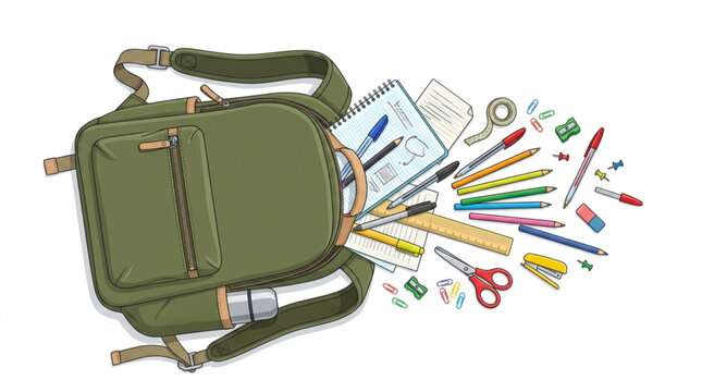 An open green backpack spilling out various school and art supplies including pens pencils rulers scissors and notebooks on a white background