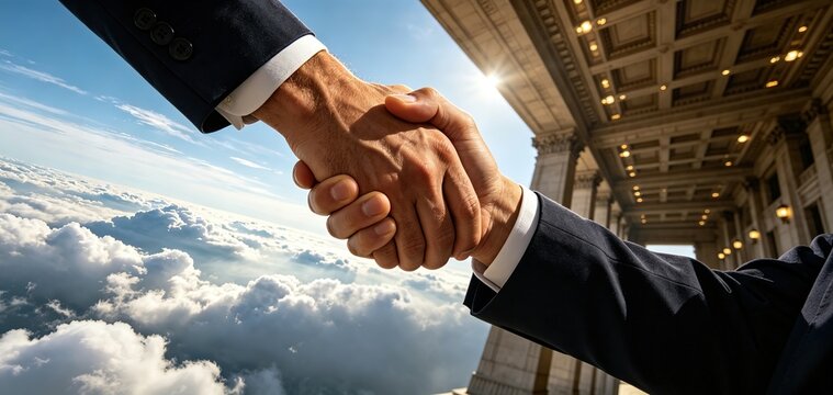 Close-up of two business people shaking hands high above fluffy white clouds beside a skyscraper structure under bright blue sky. Ideal for corporate partnership banners, investment proposal slides.
