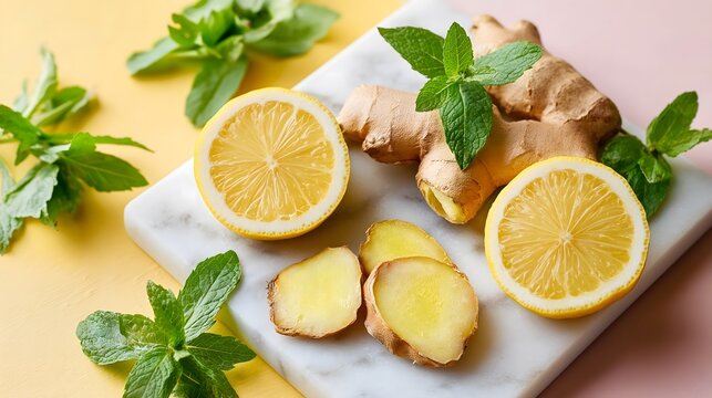 Fresh ginger root slices, lemon wedges and mint sprigs. Morning sickness relief, pregnancy wellness. Flat lay. 