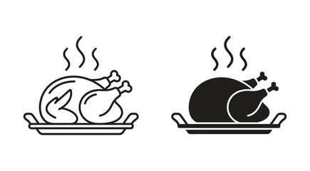 Steaming roasted chicken on a tray icon set in outline and solid style. Vector illustration © Jahura