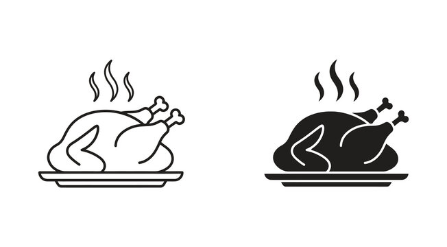 Roasted chicken on a platter icon set in outline and solid style. Vector illustration