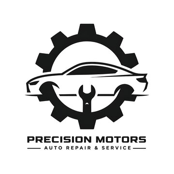Minimal automotive repair logo design featuring gear and car silhouette, modern mechanical workshop branding symbol for auto service business identity concept logo