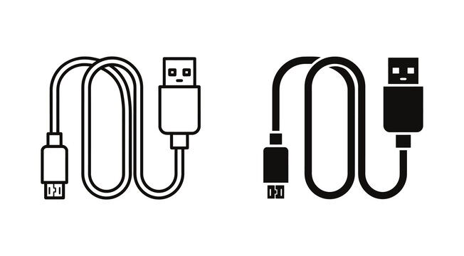 USB data cable icon set in outline and solid style. Vector illustration