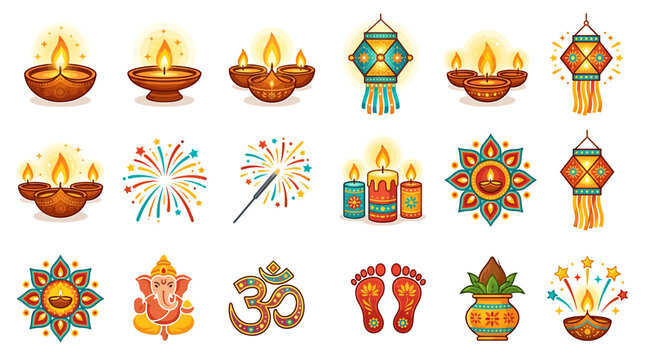 A vibrant collection of traditional Indian festival icons and symbols on display
