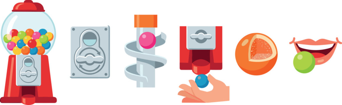 Vintage Gumball Machine and Bubblegum Mechanism Icon Set with Coin Slot Spiral Slide Dispenser Hand and Chewing Mouth Flat Vector Illustrations