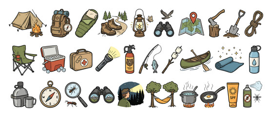 Fototapeta premium Set of camping and outdoor adventure equipment for wilderness exploration and nature activities