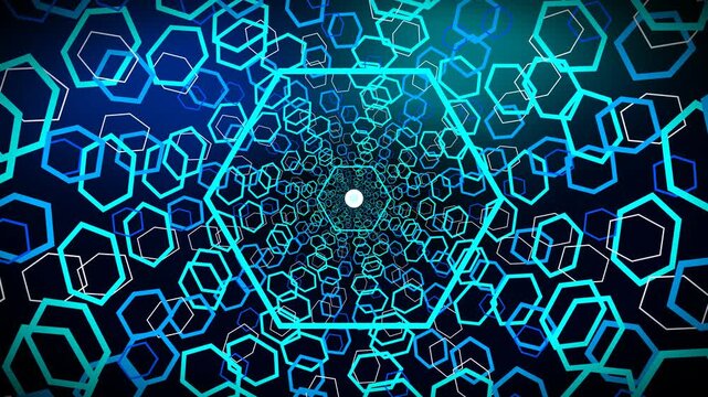 Sci-fi cyber hex tunnel hyperdrive flying fast in neon blue space